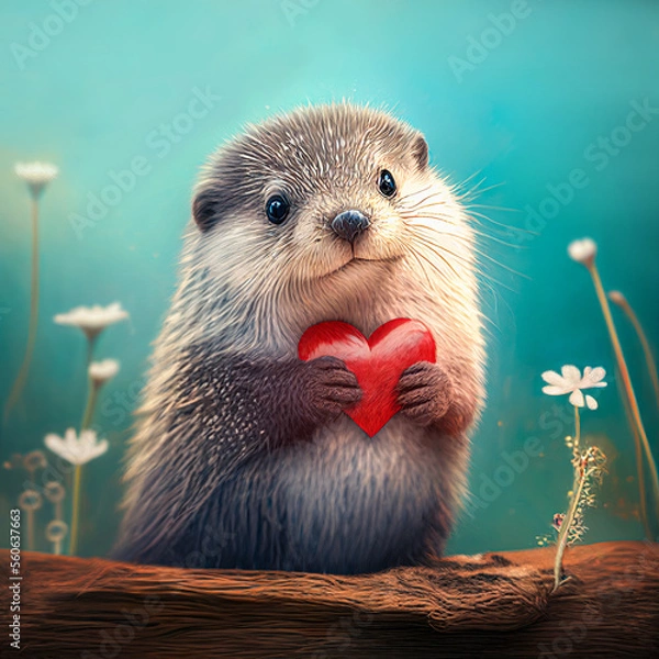 Obraz Creative, abstract, love illustration of a cute animal giving its heart as a Valentine's Day gift. Little baby otter. Illustration, Generative AI.