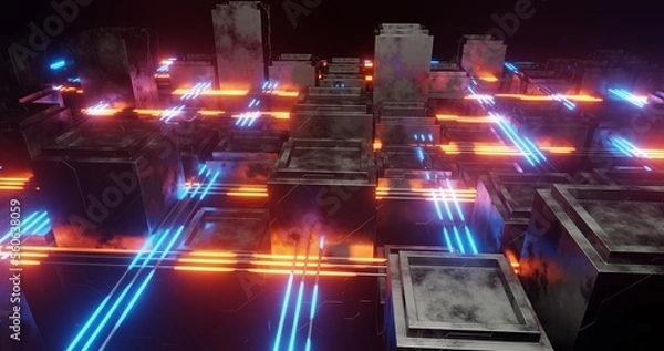 Fototapeta Abstract background using building pattern with metallic texture and voronoi, orange and blue laser light, overview camera, 3d rendering and 4K size