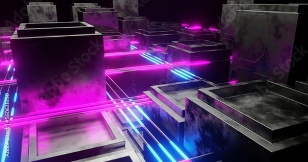 Obraz The abstract background uses a cube pattern with a metallic and voronoi texture, there are purple and blue laser beams, a perspective camera, 3d rendering, and 4K size