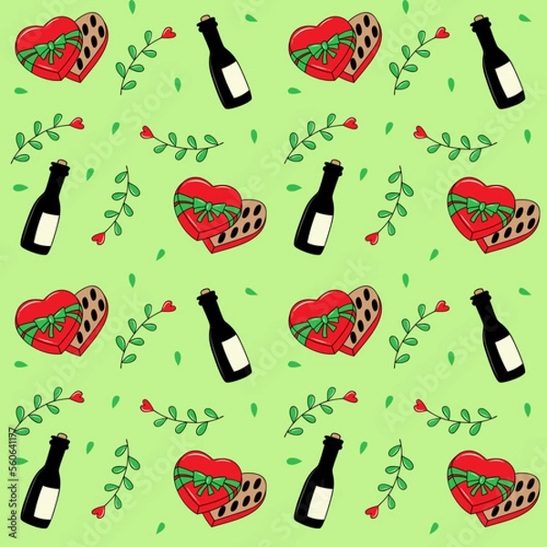 Fototapeta Seamless pattern with a bottle of champagne, a box of chocolates. Seamless vector pattern in doodle style. Template for fabric, textiles, wrapping paper, wallpaper and other decorations.