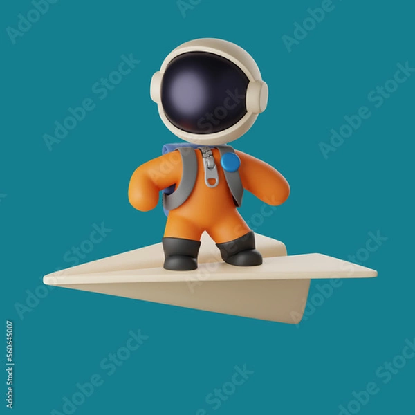 Fototapeta cute astronaut standing on a flying paper airplane. 3d render illustration