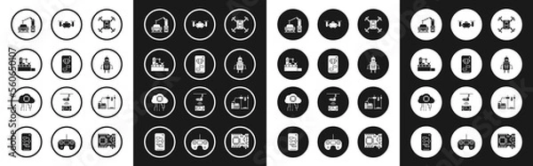 Fototapeta Set Drone flying with action camera, Bot, Factory conveyor system belt, Industrial machine robotic robot arm hand, Robot, 3D printer and Internet of things icon. Vector