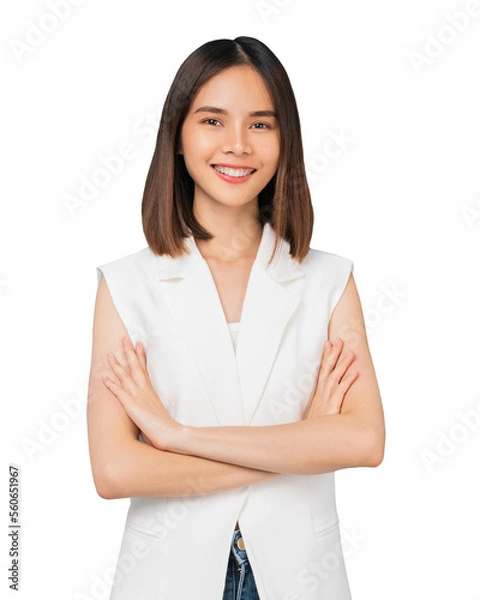 Obraz Studio shot of cheerful beautiful Asian woman in t-shirt and stand with smile on screen background, PNG transparent.