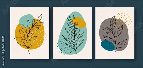 Fototapeta Set of creative minimalist hand painted illustrations with decorative branches, leaves and abstract color spots. For postcard, poster, poster, brochure, cover design.