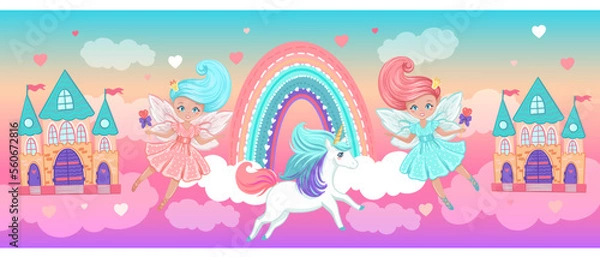 Fototapeta Castles, princesses and unicorn in the clouds. Wallpaper for kid girl room, with vector hand drawn illustrations with magic fairytale theme
