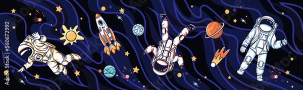 Fototapeta Astronauts in open space. Kid nursery mural wallpaper. Vector hand drawn illustrations

