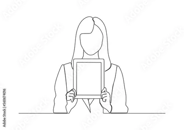 Fototapeta businesswoman in continuous line art drawing style. smiling and holding digital tablet, standing isolated on white background. Vector illustration