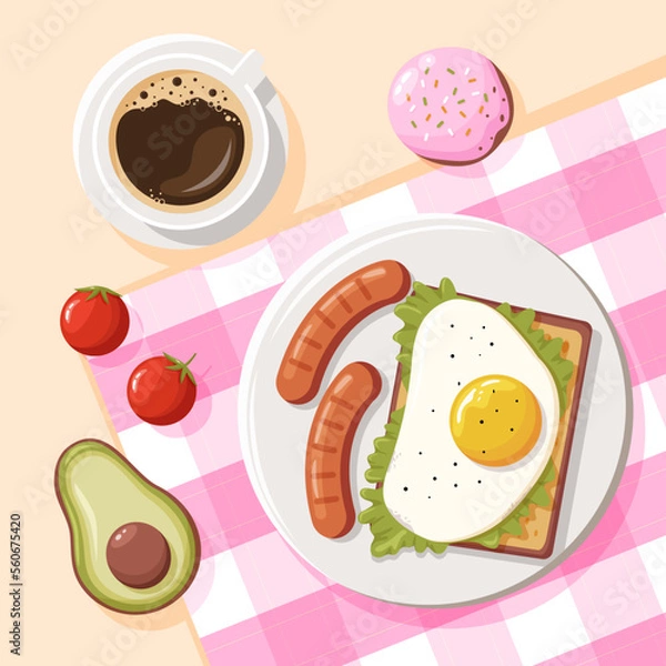Fototapeta A set table with breakfast - eggs, sausages, tomatoes, avocado, cake and a cup of coffee.