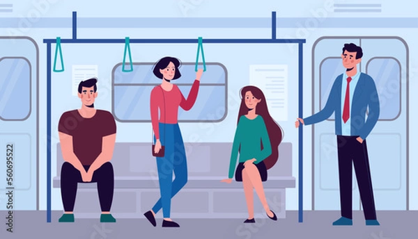 Obraz People ride in public transport. Subway, bus, men and women sit and stand. Vector illustration, flat.