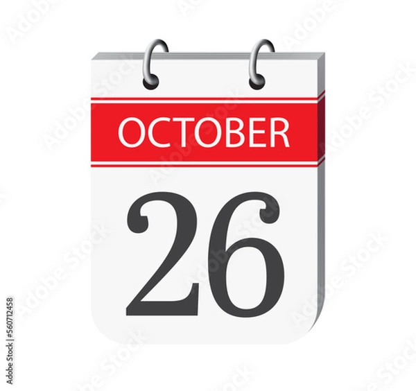 Fototapeta 26 october calendar page vector. 3d one day calendar date appointment, deadline, event reminder illustration. Abstract three dimensional daily date appointment, agenda, event calendar. 