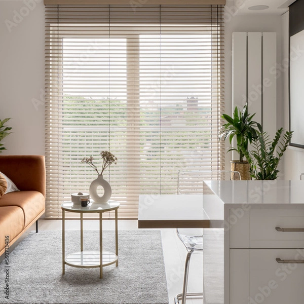 Obraz Big window with wooden blinds in elegant studio apartment