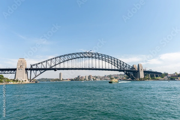 Fototapeta Sydney Architecture and Harbour Bridge with ferry. Wide Angle.