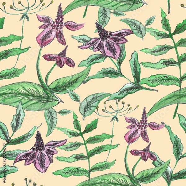 Fototapeta Watercolor seamless pattern with meadow flowers on a yellow background, wild plants ornament, pattern for fabric, concealery and wallpaper, fern, plants, freehand pattern, umbrella plant, hogweed