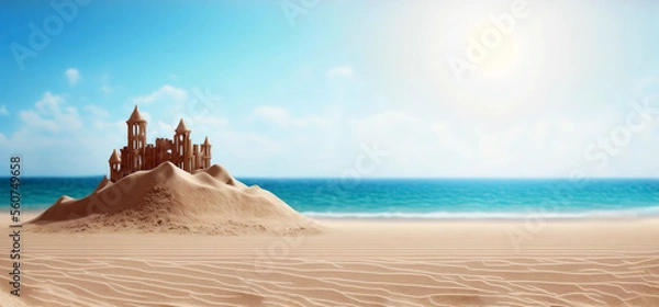 Obraz Holiday concept with sandcastle on the seaside, generative ai illustration
