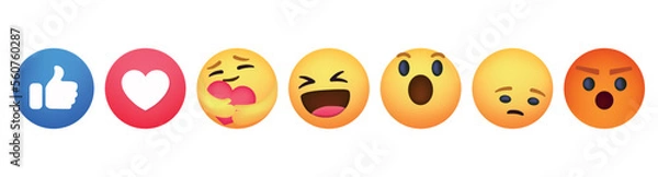 Fototapeta Nowe emoji na Facebooku. Nowy przycisk na Facebooku empatyczne reakcje emoji z nową reakcją opieki, wydrukowane na papierze. Facebook dodaje reakcję uścisku.