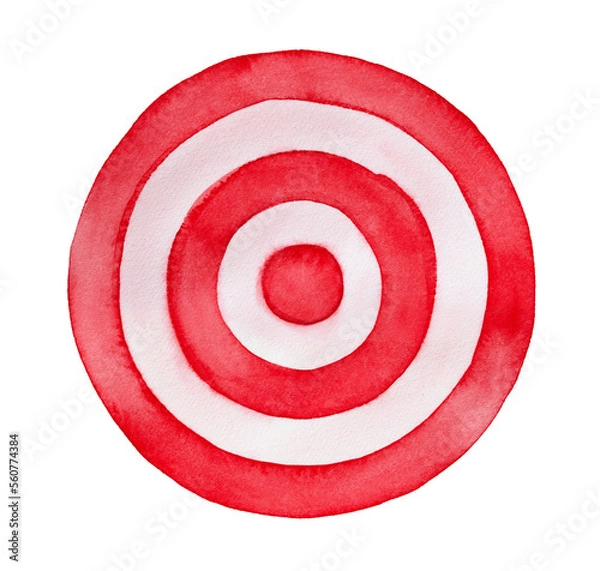 Obraz Watercolour illustration of red and white shooting target. Symbol of achieving goal, mission, destination, purpose. Hand painted water color graphic drawing, cut out clip art element for design.