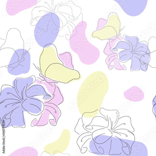 Obraz Natural seamless pattern with butterflies and lilies. Minimalist style. Natural print with flowers. Packaging template, graphic design, textiles, bedding and wallpaper.
