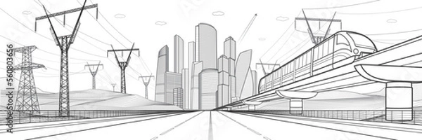 Fototapeta Large highway. Modern city illustration. High voltage transmission systems. Network of interconnected electrical. Train and enegry pylons at white background. Gray outlines, vector design  
