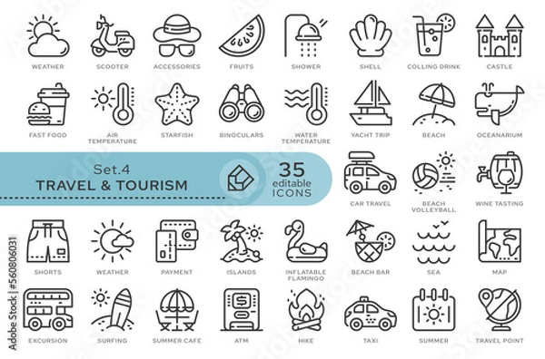 Fototapeta Set of conceptual icons. Vector icons in flat linear style for web sites, applications and other graphic resources. Set from the series - Travel and Tourism. Editable outline icon.	

