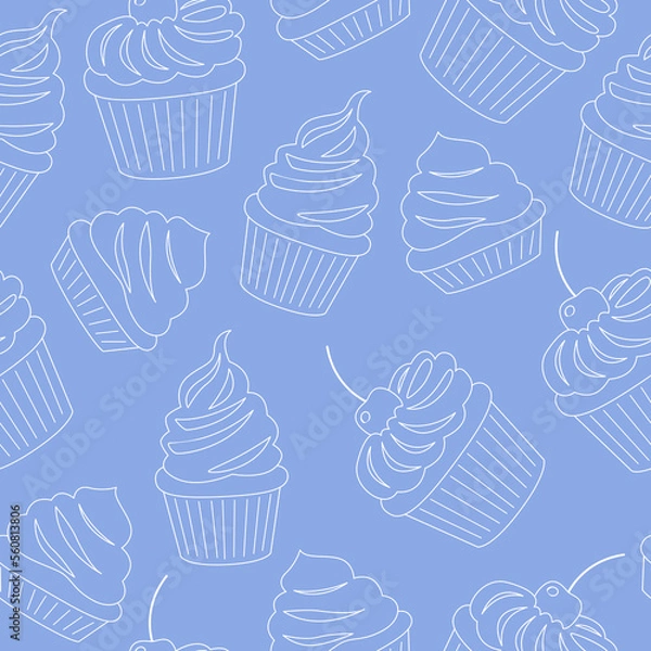 Fototapeta Seamless pattern with pastries, muffins in cupcake paper outline. Vanilla and chocolate cakes decorated with whipped cream, berries and cherry. Sweet sugar desserts. Colored vector illustration