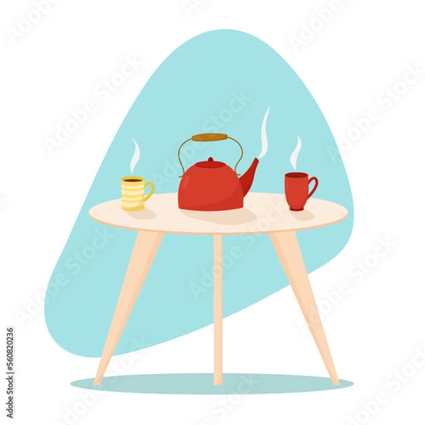 Fototapeta Coffee table with teapot and ceramic cups. Tea time or coffee set on table in living room with cups of hot drinks and red teapot. Flat vector illustration.