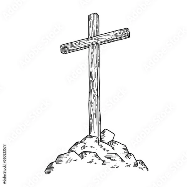 Obraz Hand-drawn Christian vector illustration. Wooden cross on a hill. A symbol of the crucifixion of the Lord Jesus Christ.