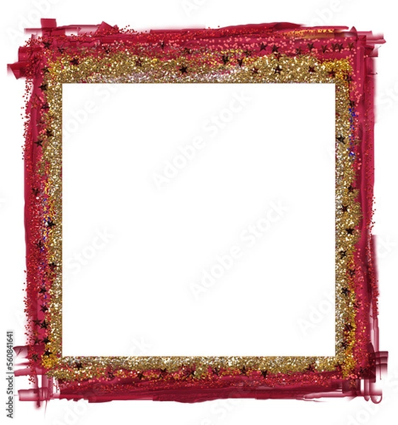 Obraz Deep red and golden glitter roughly painted textured frame with tiny ultramarine stars and copy space for overlaid objects, social media postings, cards, emails and wide range of projects.