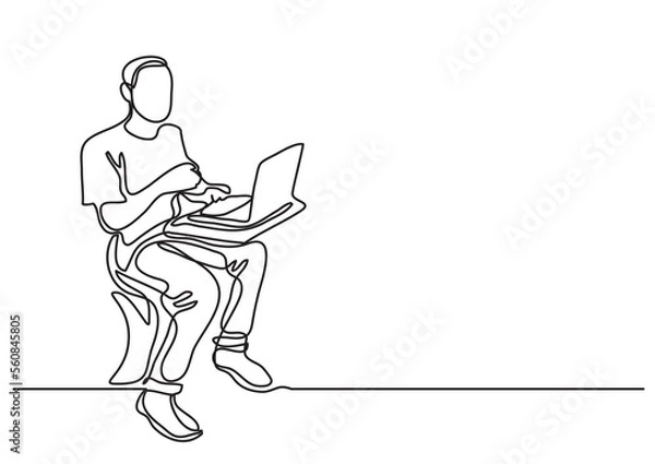 Fototapeta continuous line drawing man sitting working on computer - PNG image with transparent background