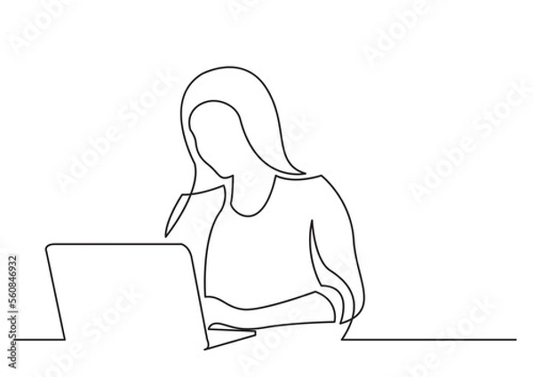 Fototapeta continuous line drawing woman working on laptop computer - PNG image with transparent background
