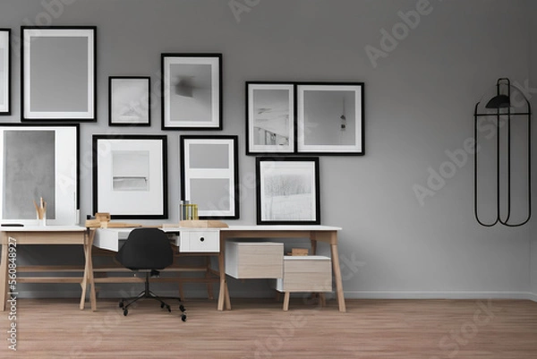 Fototapeta white and grey modern office room interior minimalist style photo with wood frames and paintings, generative ai