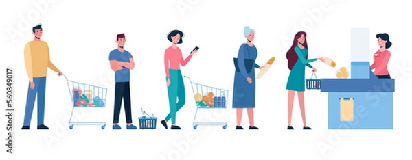 Obraz Vector illustration of several people standing in line for shopping in a supermarket, buy products. Men and women stand in front of the cash register with carts and baskets. Flat style.