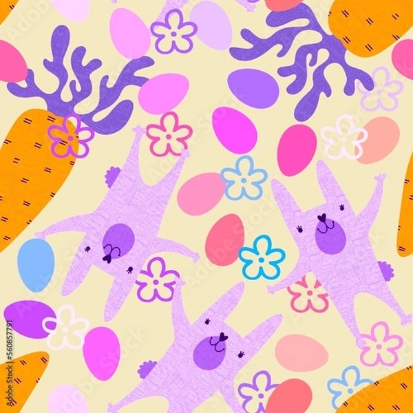 Fototapeta Cartoon animals seamless Easter eggs and rabbit bunnies pattern for wrapping paper and kids clothes print