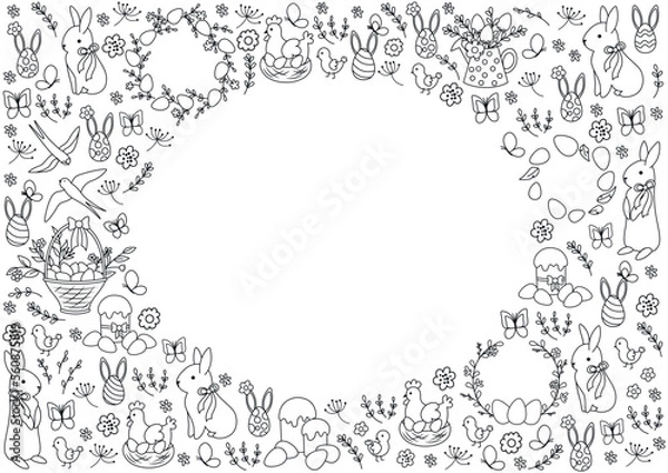 Fototapeta Easter black white banner. Graphic element for website, place for text and presentations. Greeting and invitation postcard. Spring holiday and festival, traditions. Cartoon flat vector illustration