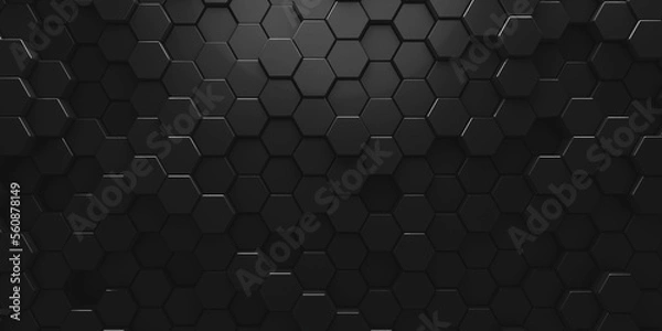 Fototapeta Black geometric hexagonal abstract background. Surface polygonal pattern with glowing hexagons,
