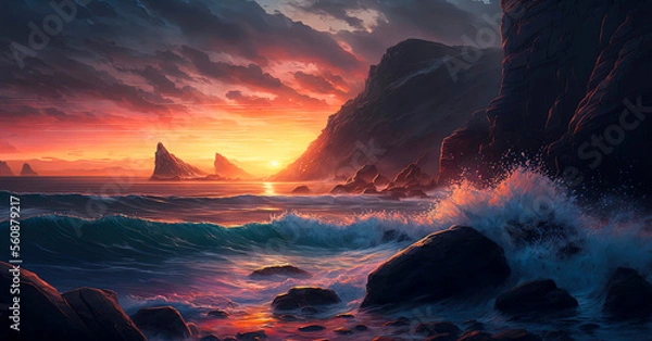 Fototapeta sunset over the ocean with a rocky shoreline and crashing waves beneath a glowing sunset sky