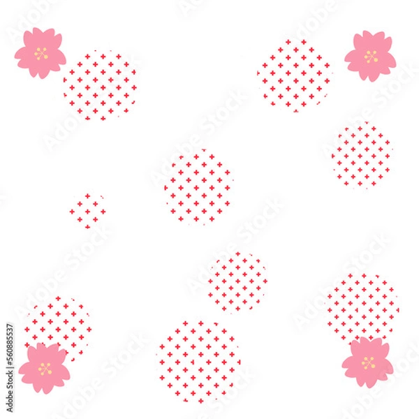 Obraz 手書きの花と和柄の背景ー赤