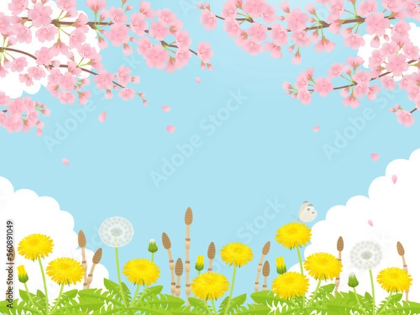 Fototapeta 満開の桜・たんぽぽ・つくしの春の風景_フレーム背景_ベクターイラスト