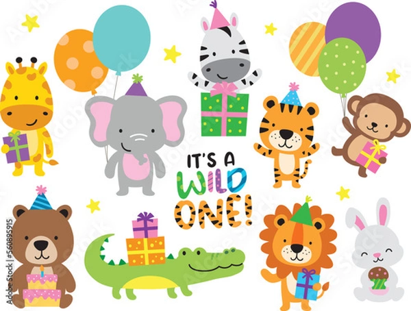 Fototapeta Vector illustration of wild jungle animals having a birthday party. Animals include a tiger, lion, giraffe, zebra, monkey, elephant, bear, rabbit, and crocodile.