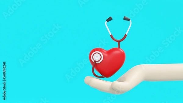 Fototapeta 3D illustration. Cute stethoscope and red heart on cartoon hand isolated on blue background. Clipping path.