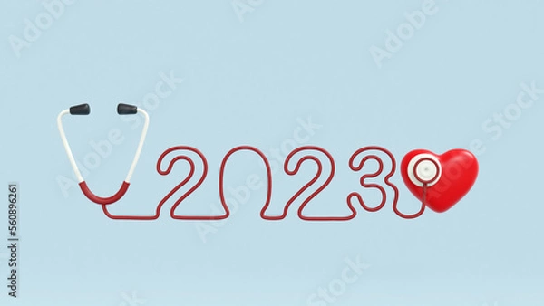 Fototapeta 3D illustartion. Cute stethoscope transform to number 2023 repesenting year with red heart at the end. Clipping path.