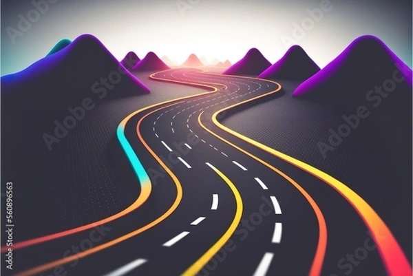 Fototapeta Roadmap design, neon glowing, forward movement, dark environment created with generative ai technology
