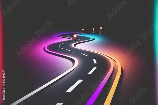 Fototapeta Roadmap design, neon glowing, forward movement, dark environment created with generative ai technology