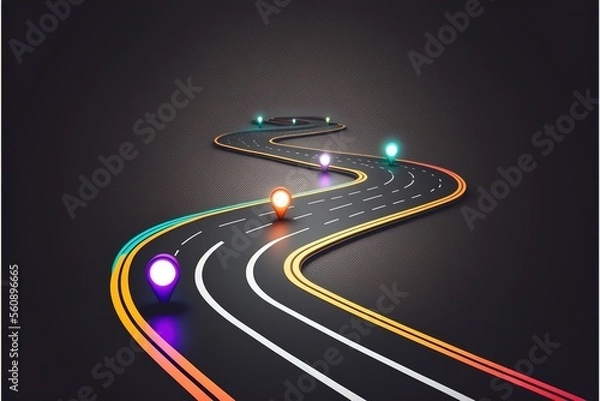 Fototapeta Roadmap design, neon glowing, forward movement, dark environment created with generative ai technology