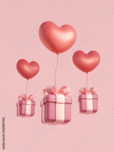 Fototapeta 3D heart shape balloons carrying pink gift box on pink background. Romantic greeting card happy valentines day. 3D rendering illustration.