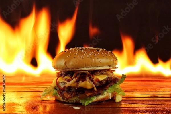 Fototapeta Hamburger with bacon, cheese and lettuce, with black background on fire
