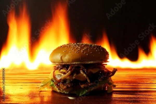 Fototapeta Hamburger with bacon, cheese and lettuce, with black background on fire