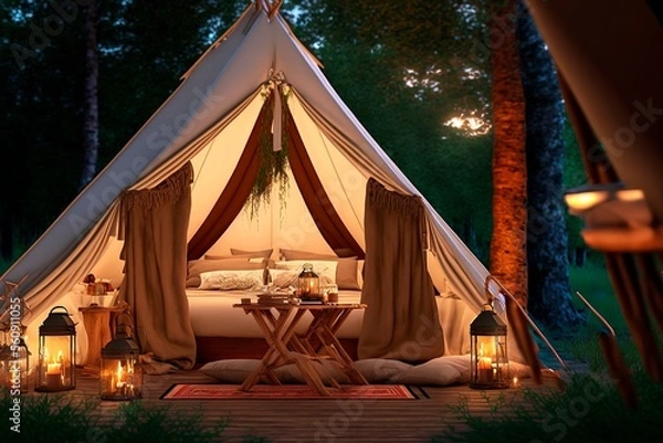 Fototapeta Rest place in forest, Lonely glamping tent with bonfire among green trees, Illuminated bell tent at night