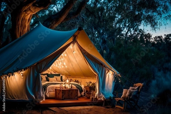 Obraz Rest place in forest, Lonely glamping tent with bonfire among green trees, Illuminated bell tent at night