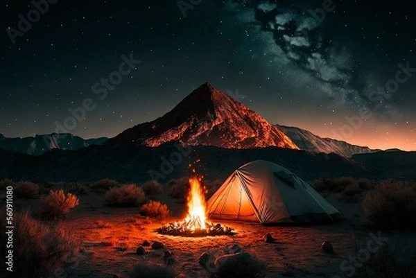 Obraz Rest place in forest, Lonely glamping tent with bonfire among green trees, Illuminated bell tent at night
