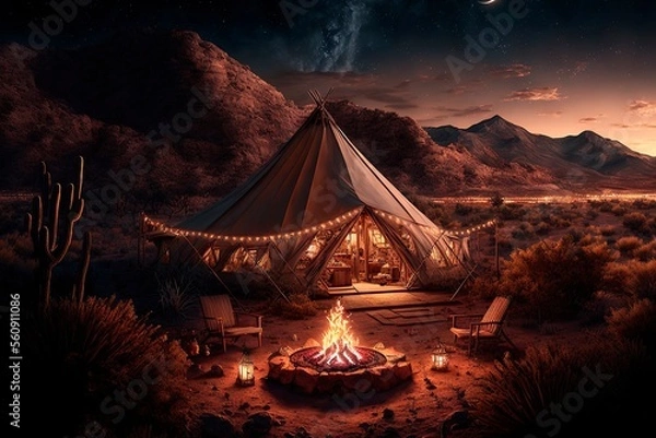 Obraz Rest place in forest, Lonely glamping tent with bonfire among green trees, Illuminated bell tent at night